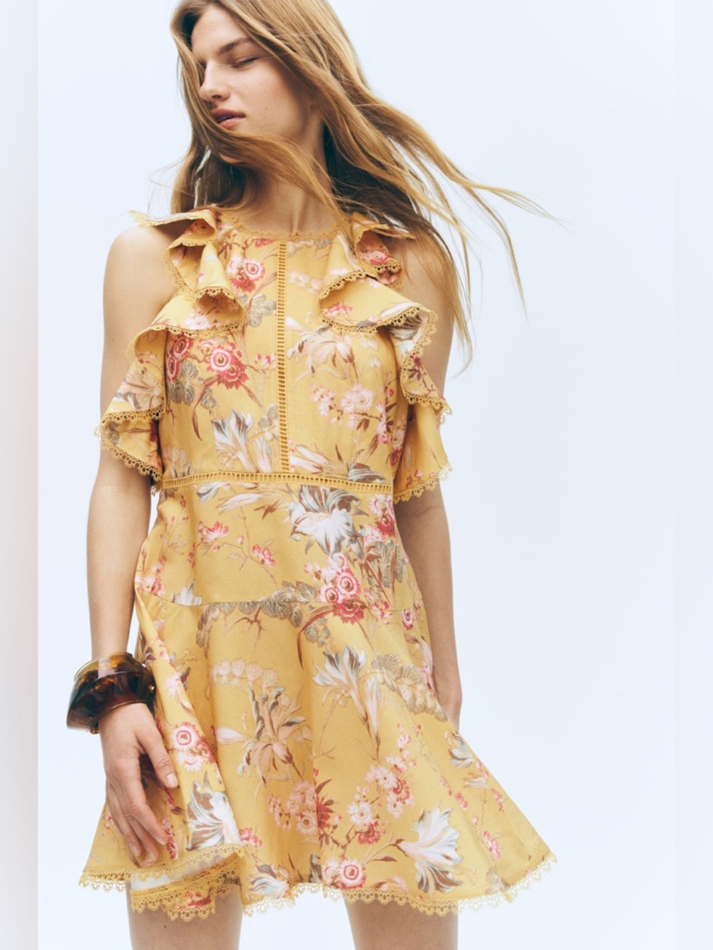 NWT Yellow Floral Linen-Blend Ruffle Mini Dress